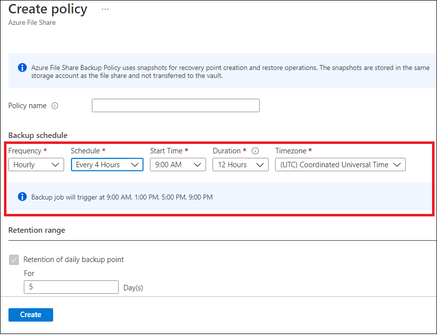 Screenshot showing an example of hourly backup frequency values.