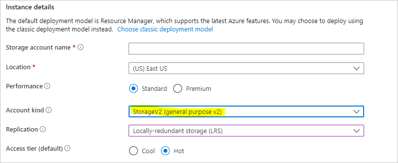 Screenshot shows how to choose account kind in instance details.