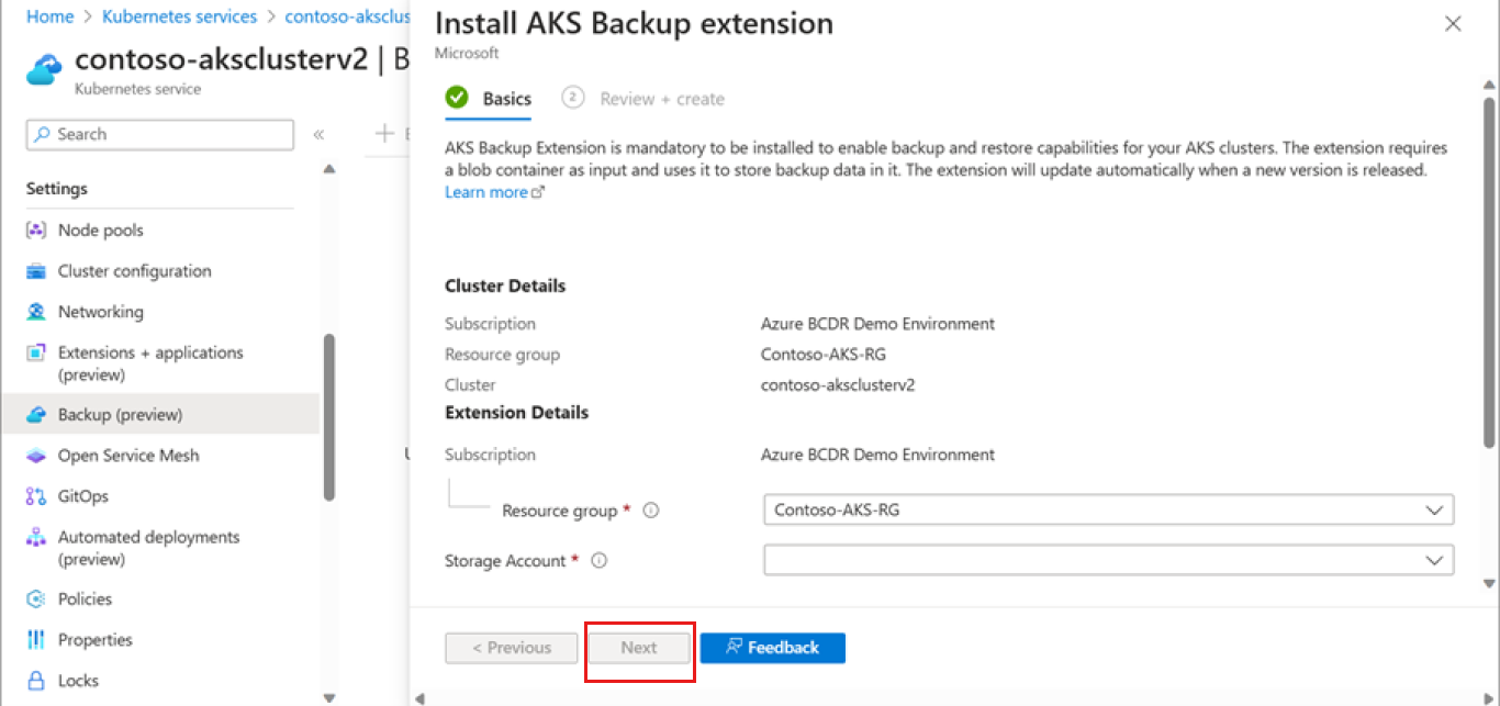 Screenshot shows how to add storage and blob details for backup.