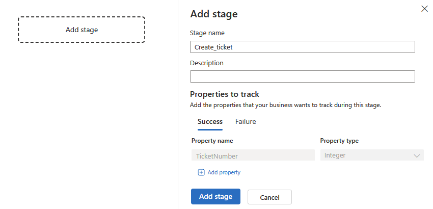 Screenshot shows pane named Add stage with stage name, description, and properties to track.