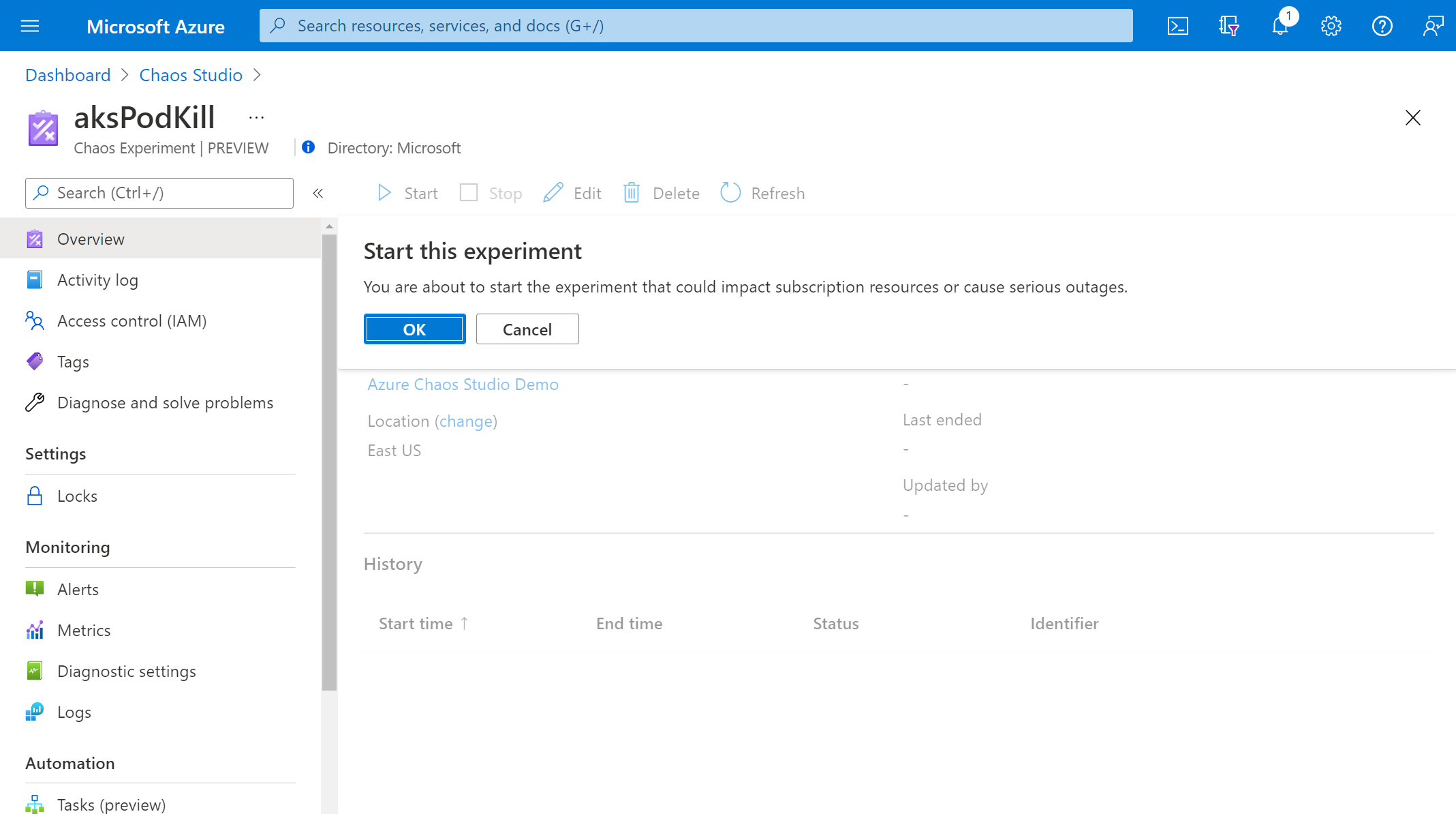 Screenshot that shows starting an experiment.