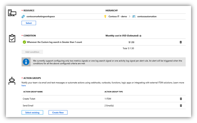 Screenshot of the sample alert rule summary in the Azure portal