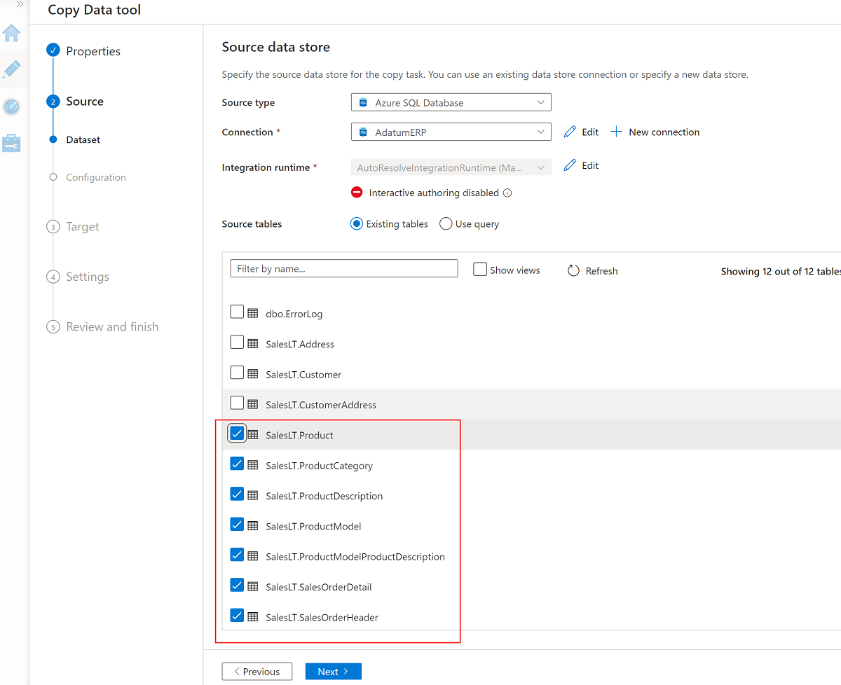 Screenshot that shows Adatum ERP Table options.