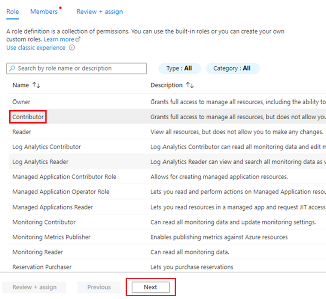 Screenshot that shows the Contributor role selection pane.