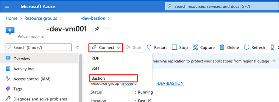 Screenshot that shows the connect to bastion selection pane.