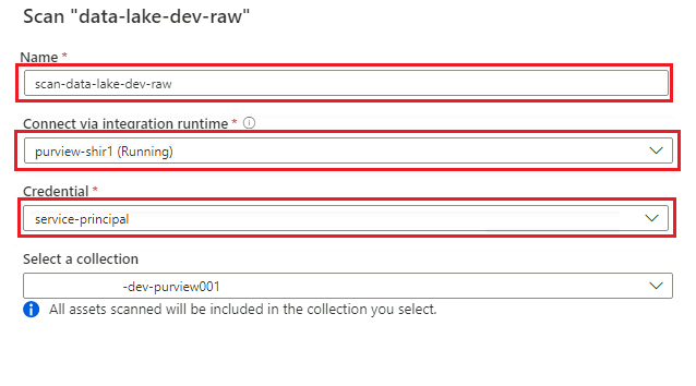 Screenshot that shows the scan Data Lake Storage Gen2 credential form with values entered.