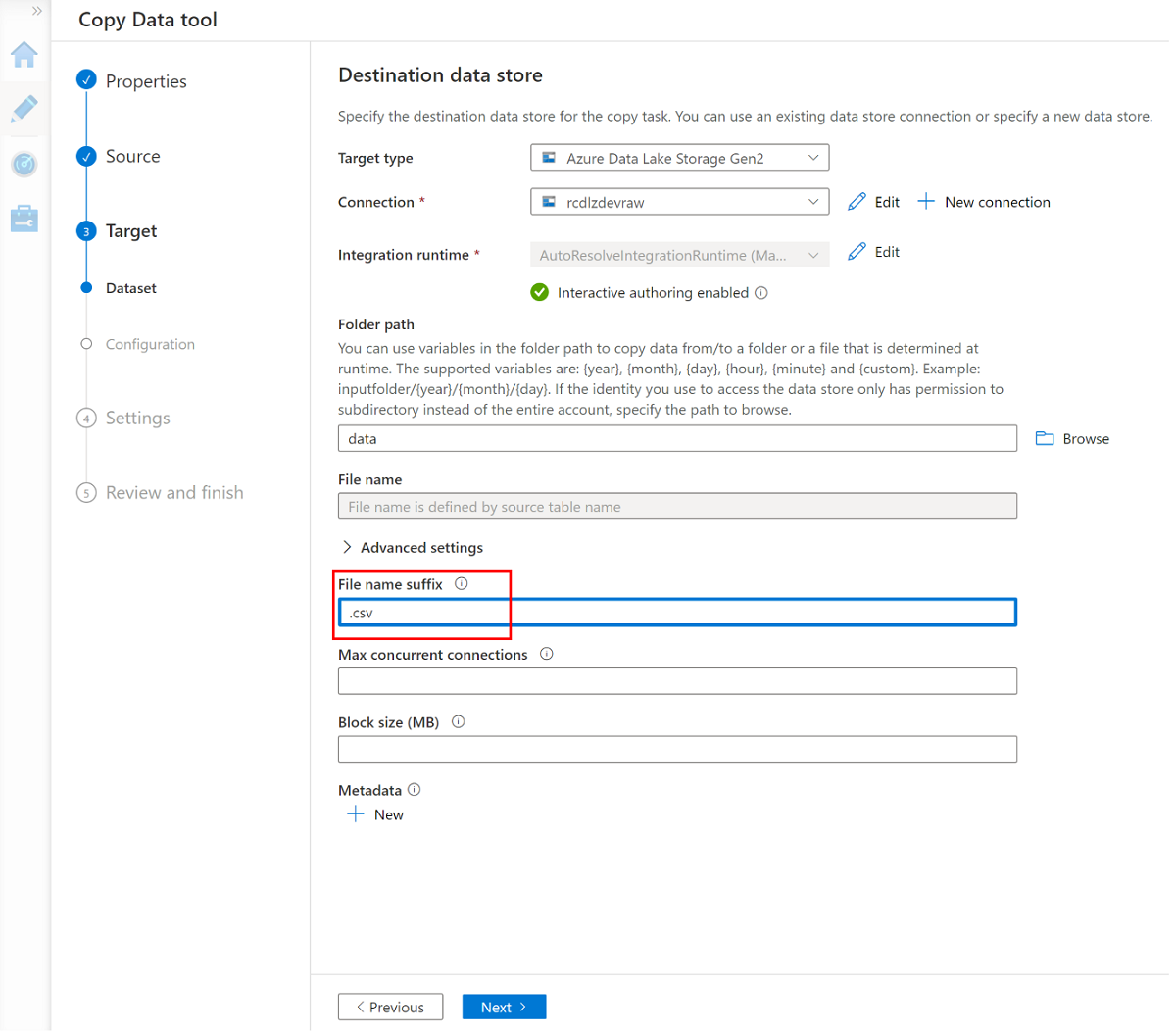 Screenshot that shows the file name suffix field with CSV entered.