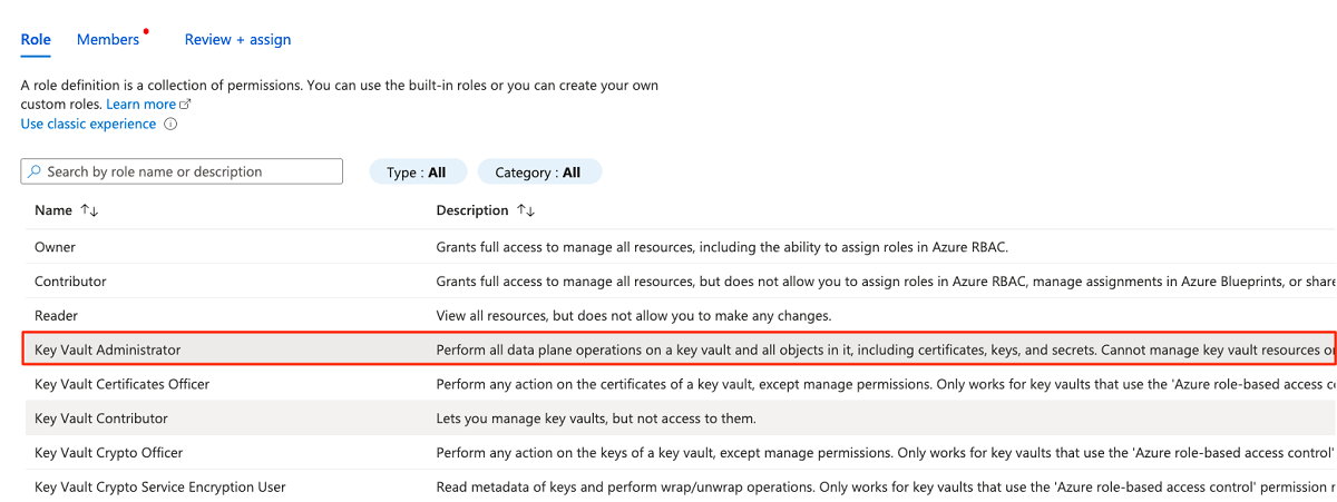 Screenshot that shows how to search for the Key Vault Administrator role.