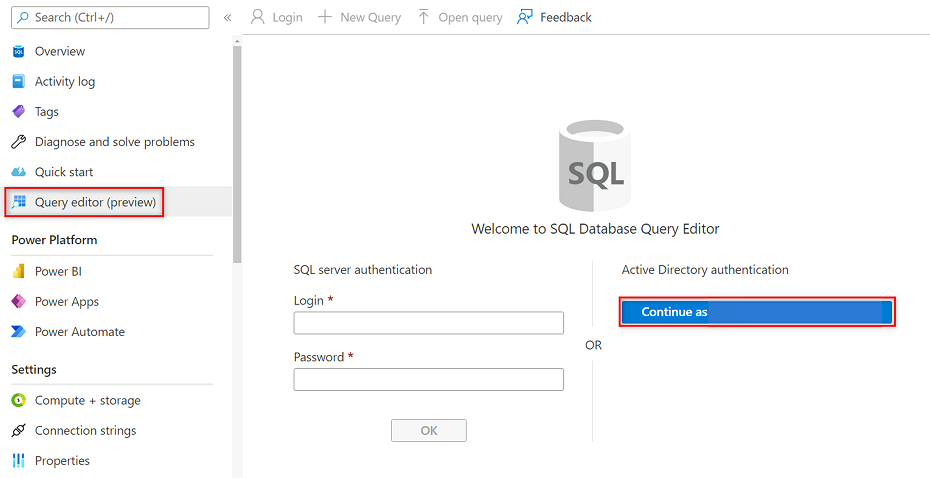 Screenshot that shows how to sign in to the query editor by using Active Directory authentication.