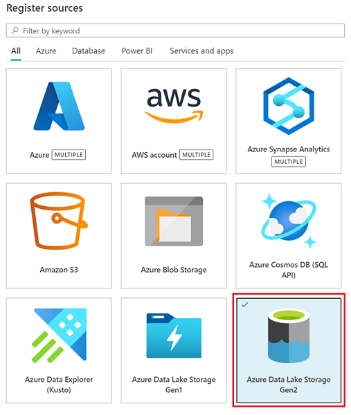 Screenshot that shows the Azure Data Lake Storage Gen2 registration source.