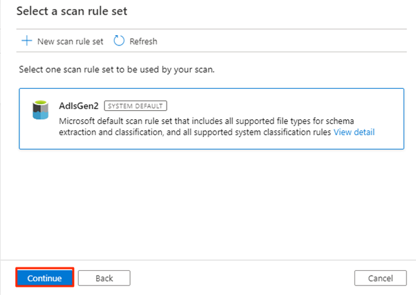 Screenshot that shows the Data Lake Storage Gen2 scan rule set selection.