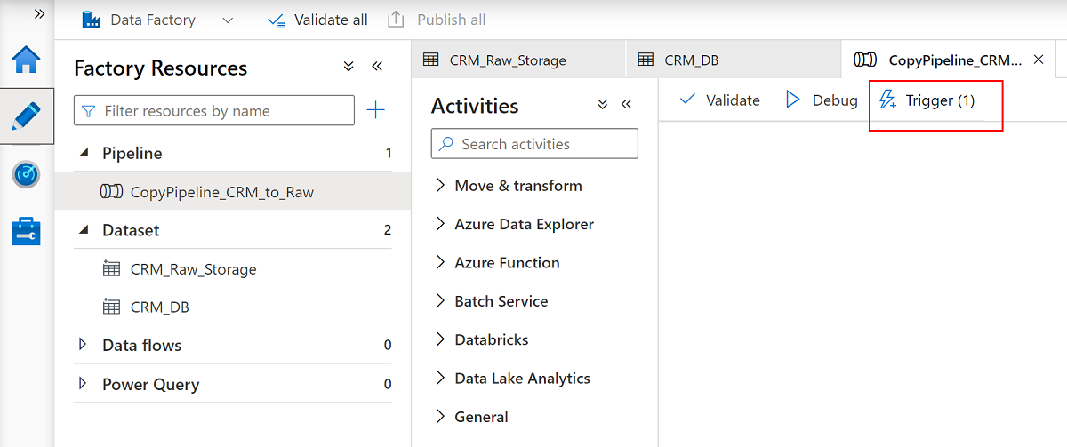 Screenshot that shows how to use the trigger tool to copy data from the SQL Database to Data Lake Storage Gen2.