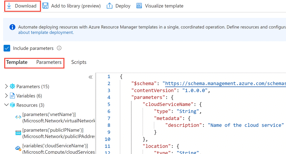 Image shows downloading template file on the Azure portal.