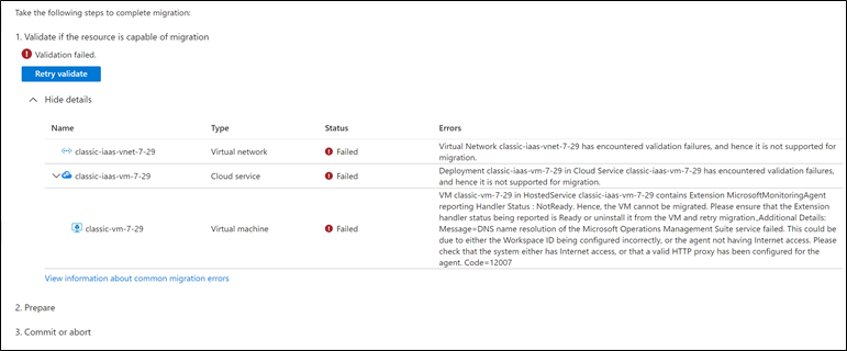 Image shows validation error in the Azure portal.