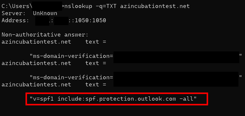 Results from an nslookup query to read the SPF records for your custom domain