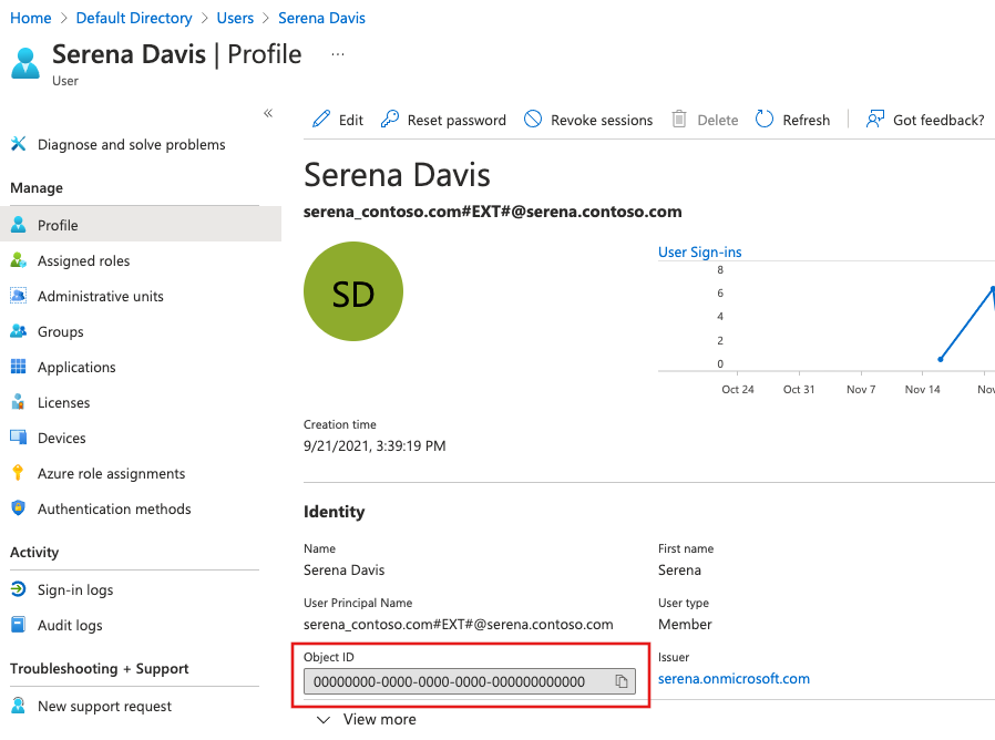 Screenshot that shows how to copy the Microsoft Entra user ID and store it.