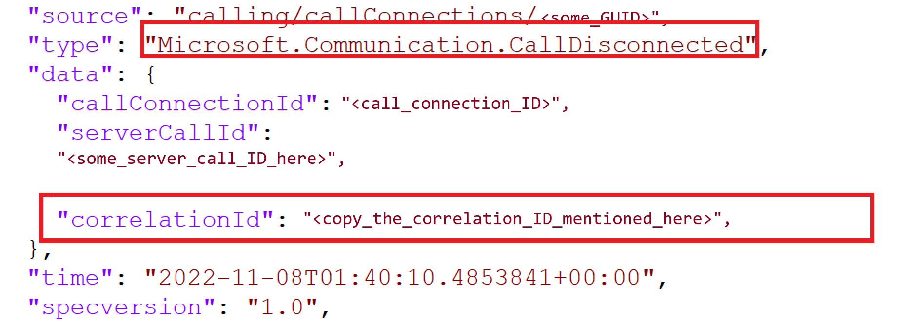 Screenshot that shows a call disconnected event with the correlation ID