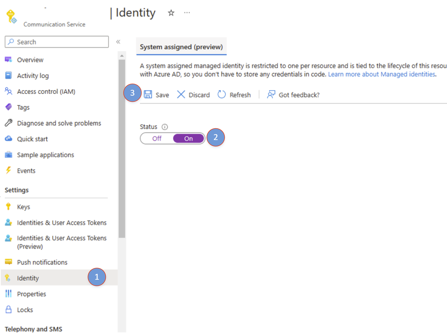 Diagram showing a communication service resource with managed identity disabled