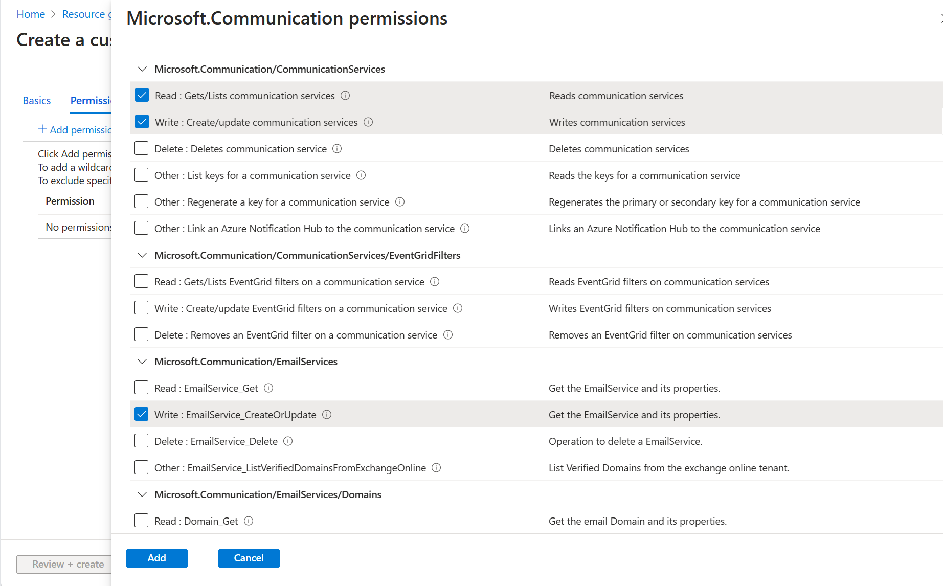 Screenshot that shows adding Azure Communication Services' permissions.