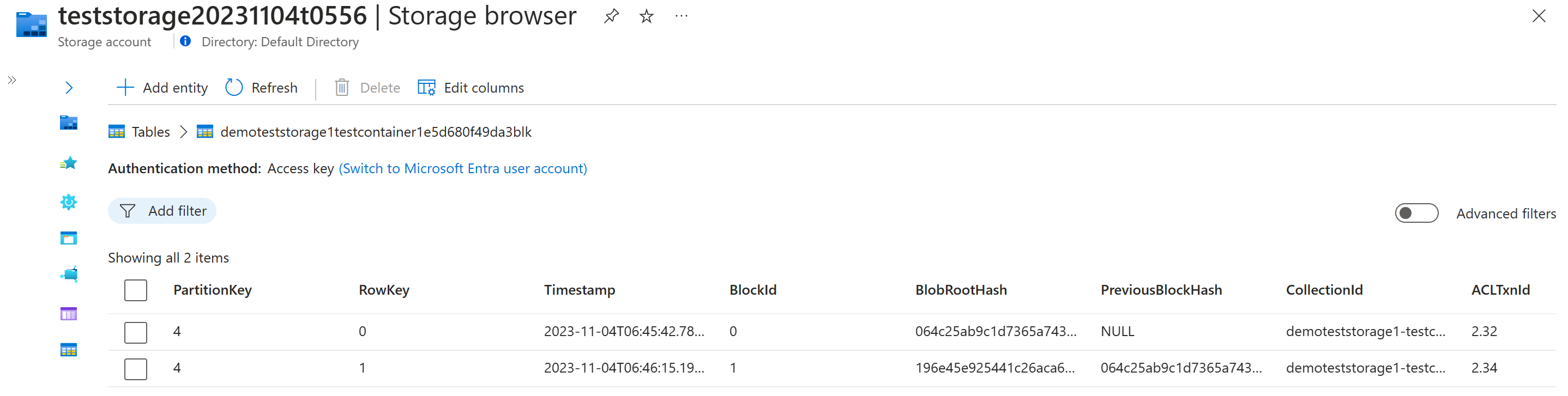 Screenshot of the Azure portal in a web browser, showing the block table where digest information is stored.