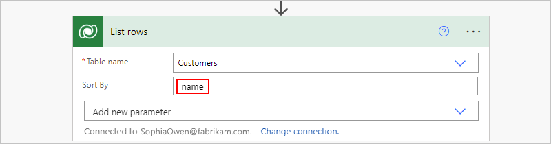 Screenshot shows Consumption workflow, a Dataverse action, and Sort By property with column name.