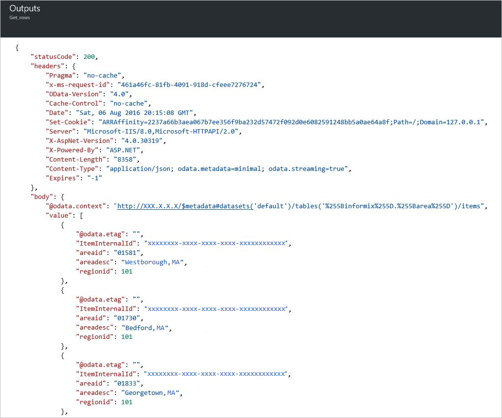 Outputs from "Get rows" action