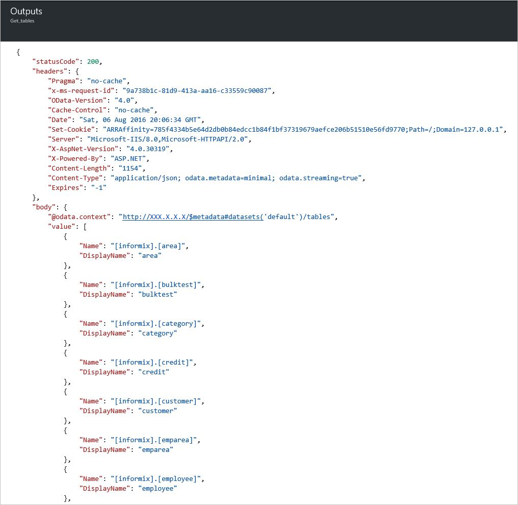 Outputs from "Get tables" action