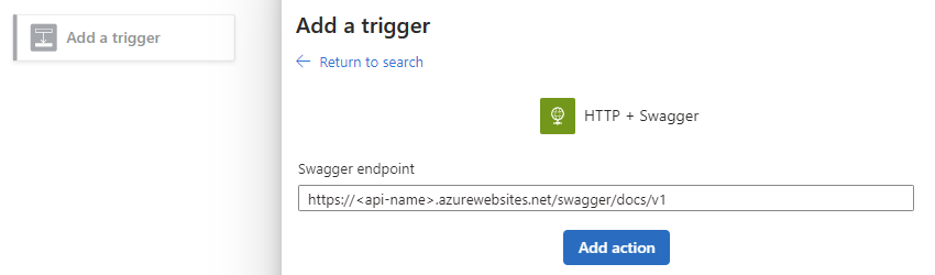 Screenshot shows workflow designer with selected Add trigger shape and information pane for HTTP + Swagger trigger. The Swagger endpoint property is set to an example URL.