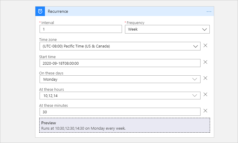 Screenshot shows Consumption workflow and Recurrence trigger with advanced scheduling example.