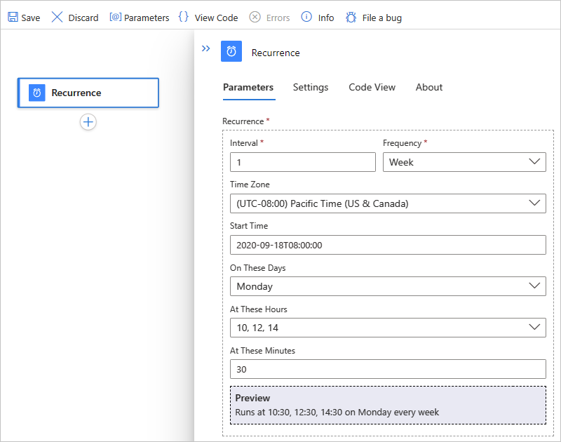 Screenshot showing Standard workflow and Recurrence trigger with advanced scheduling example.