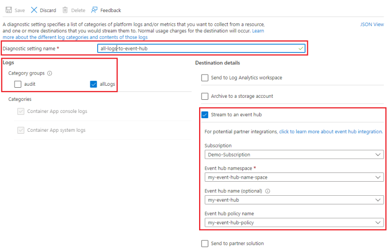 Screenshot Diagnostic settings event hub destination.