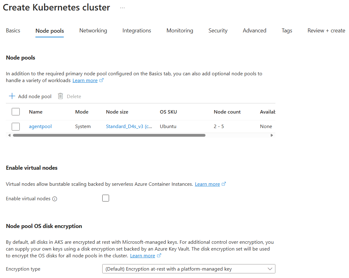 Screenshot showing how to configure the Node pools page for AKS cluster creation in the Azure portal.