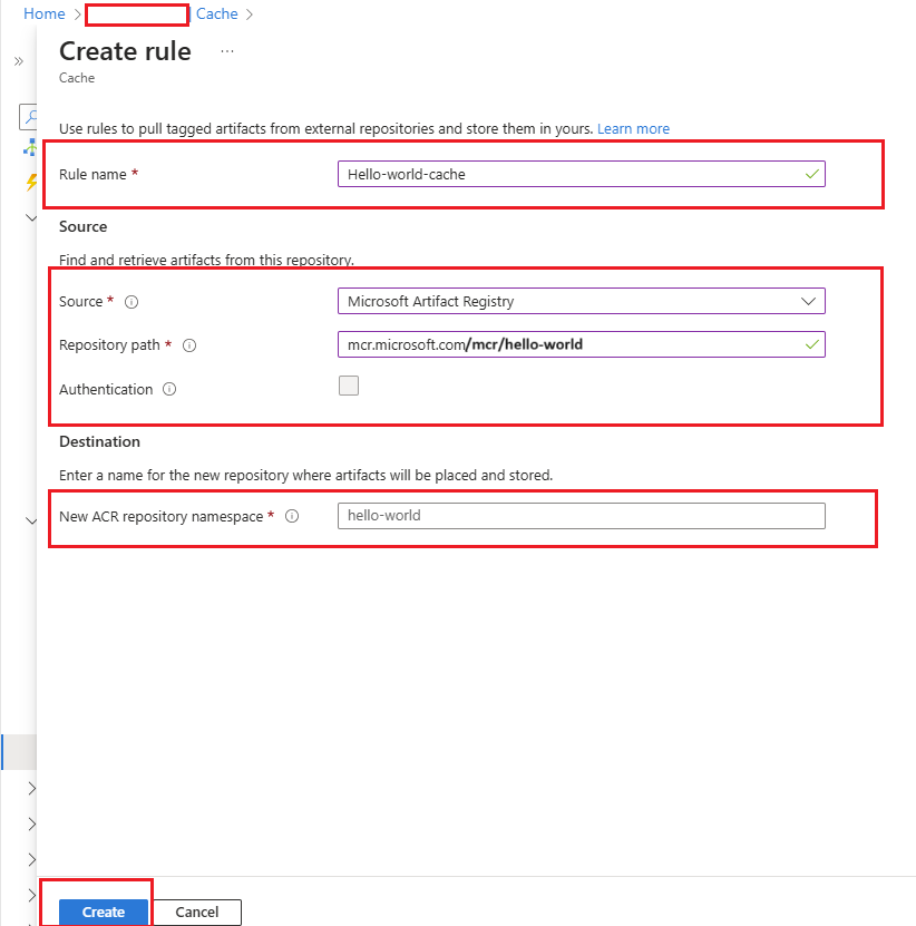 Screenshot to save Cache Rule in Azure portal.