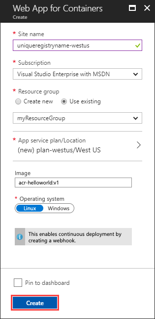 Screenshot shows the Web App for Containers with the Create button highlighted.