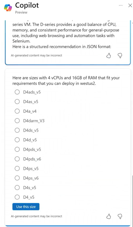 Screenshot showing Microsoft Copilot in Azure providing size recommendations for a VM.