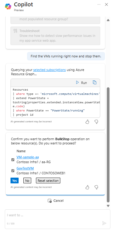 Screenshot showing Copilot in Azure responding to a request to stop running VMs.