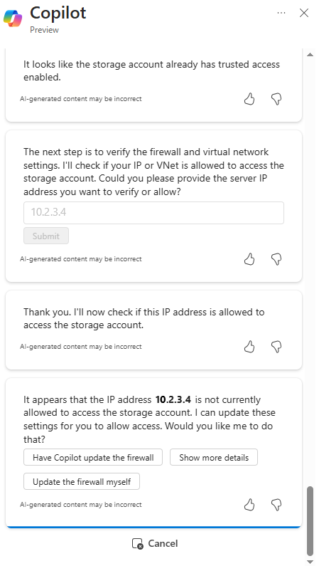 Screenshot showing Microsoft Copilot in Azure checking to see if an IP address has access to a storage account.