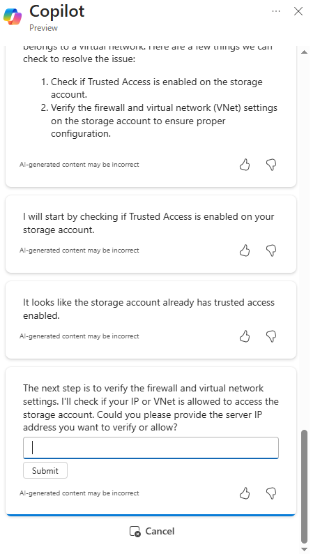 Screenshot showing Microsoft Copilot in Azure asking for the server IP address that should have access to a storage account.