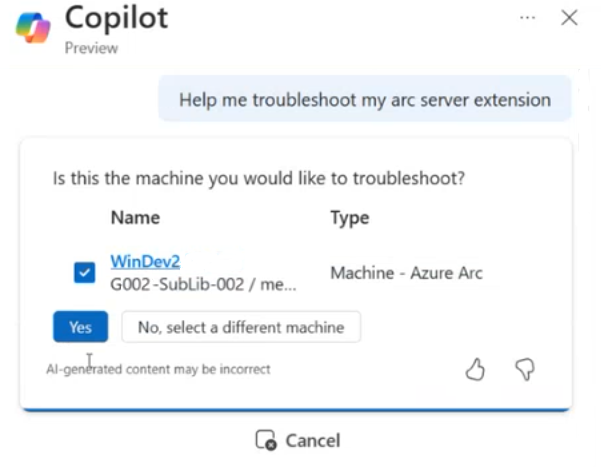 Screenshot of Microsoft Copilot in Azure prompting to select an Arc-enabled server for troubleshooting.