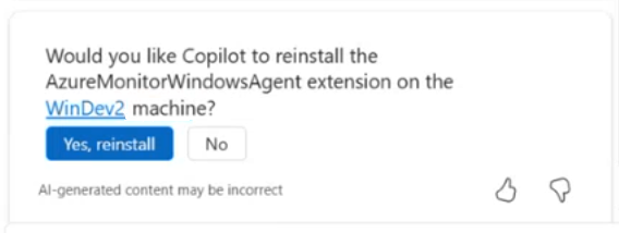 Screenshot of Microsoft Copilot in Azure prompting to reinstall