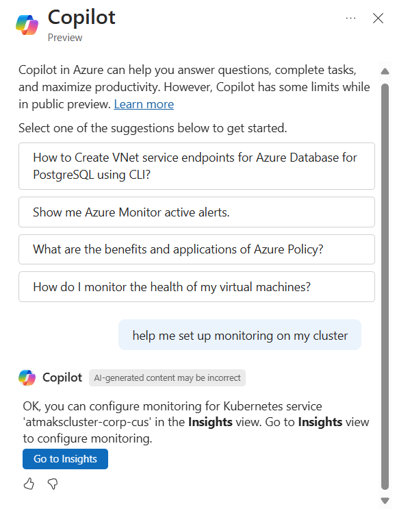 Screenshot showing Microsoft Copilot in Azure helping to configure monitoring on an AKS cluster.