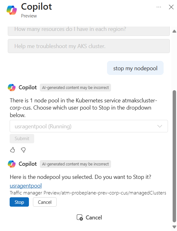 Screenshot showing Microsoft Copilot in Azure responding to a request to stop an AKS node pool.