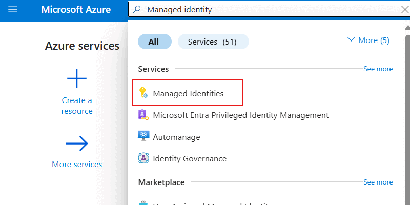 Screenshot of the 'Managed identities' option selected in the search menu.