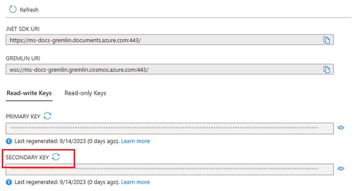 Screenshot showing how to regenerate the secondary key in the Azure portal when used with the Gremlin API.