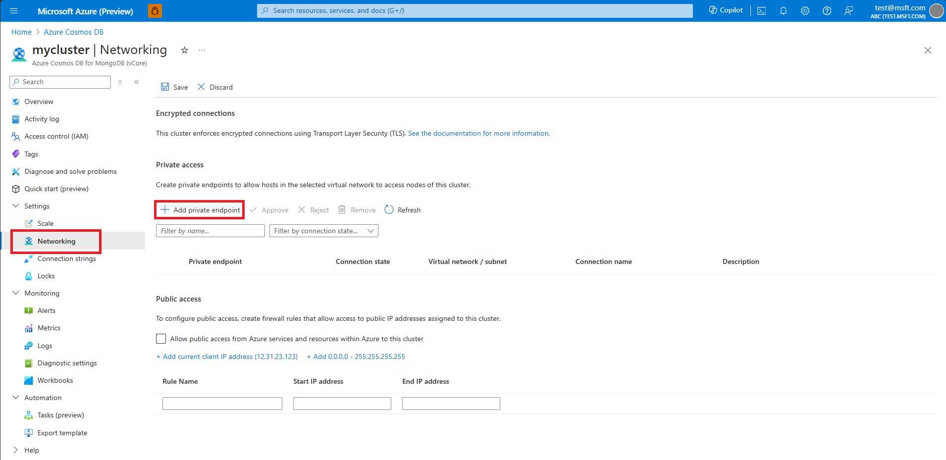 Screenshot of selecting Add private endpoint on the Networking screen.