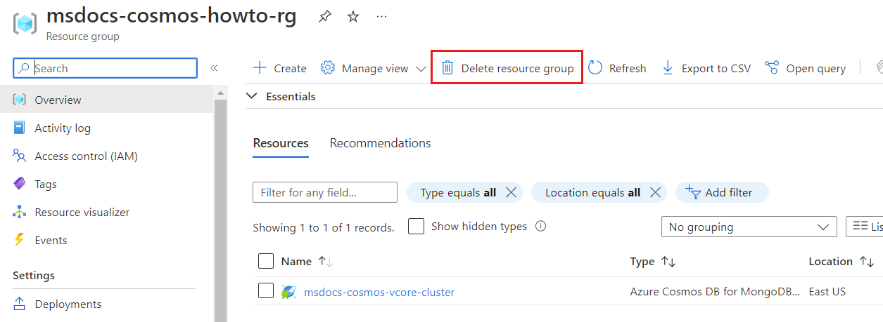 Screenshot of the 'delete resource group' option in the menu for a specific resource group.