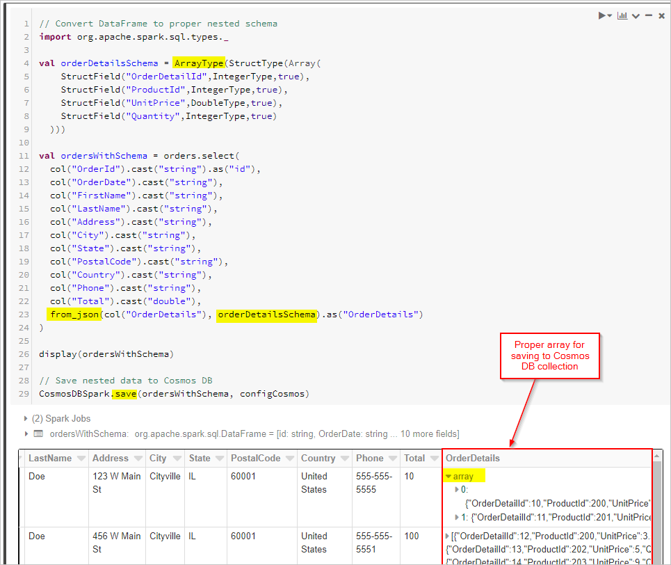 Screenshot that highlights the proper array for saving to an Azure Cosmos DB collection.