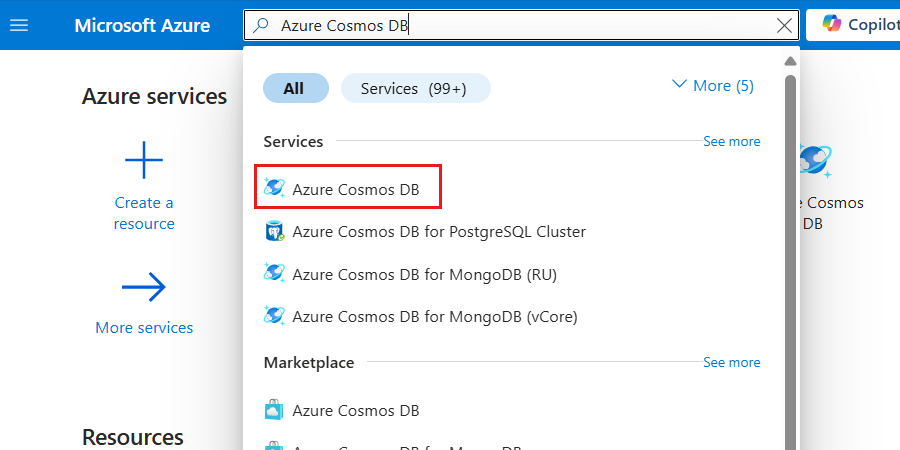 Screenshot of the Azure Cosmos DB option selected in the search menu.