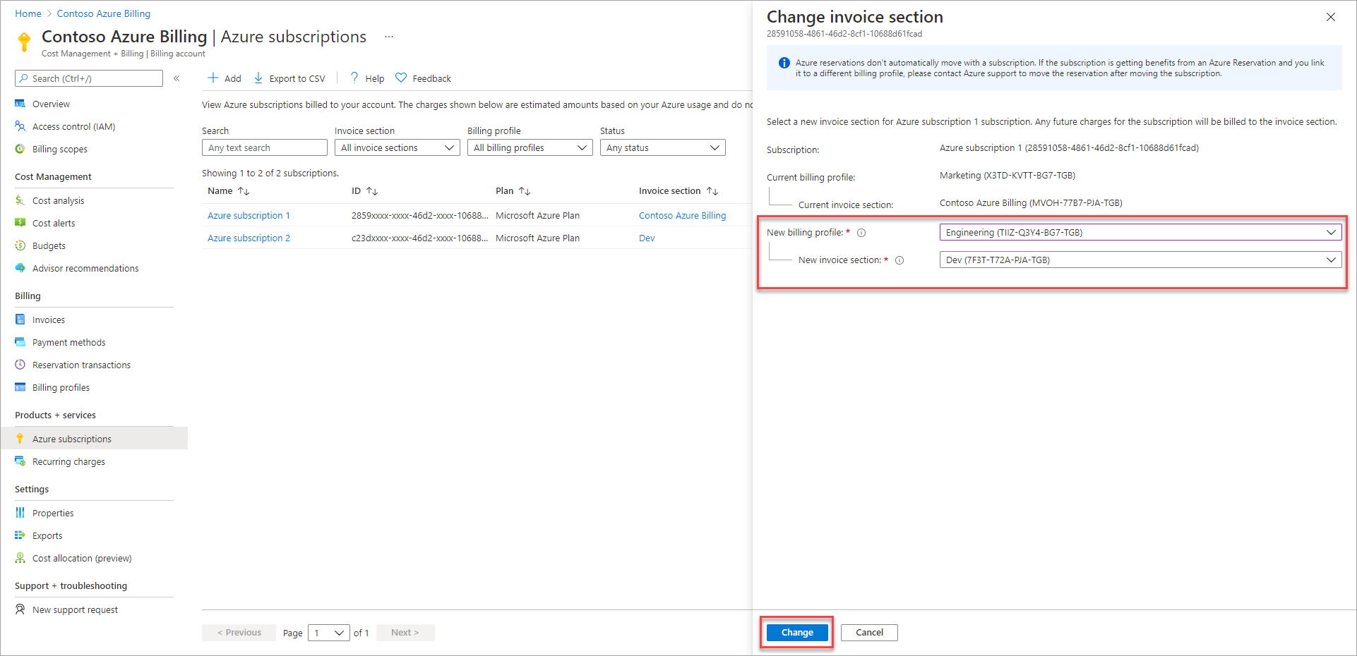 Screenshot that shows how to change invoice section.