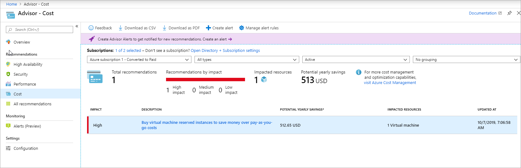 Screenshot of an Advisor cost recommendation.